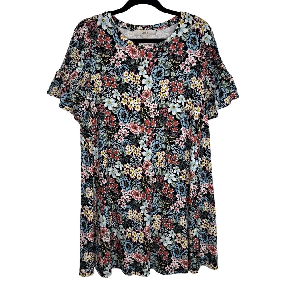 Loft All Over Floral Print Smocked Ruffled Sleeve Dress Multi Color Stretch‎ M
